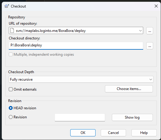 SVN Checkout dialog showing deploy URL