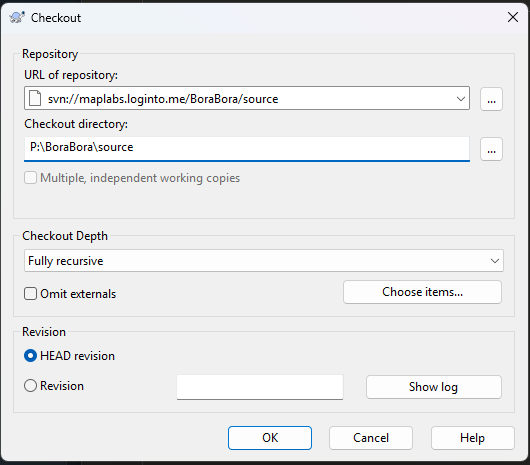 SVN Checkout dialog showing source URL
